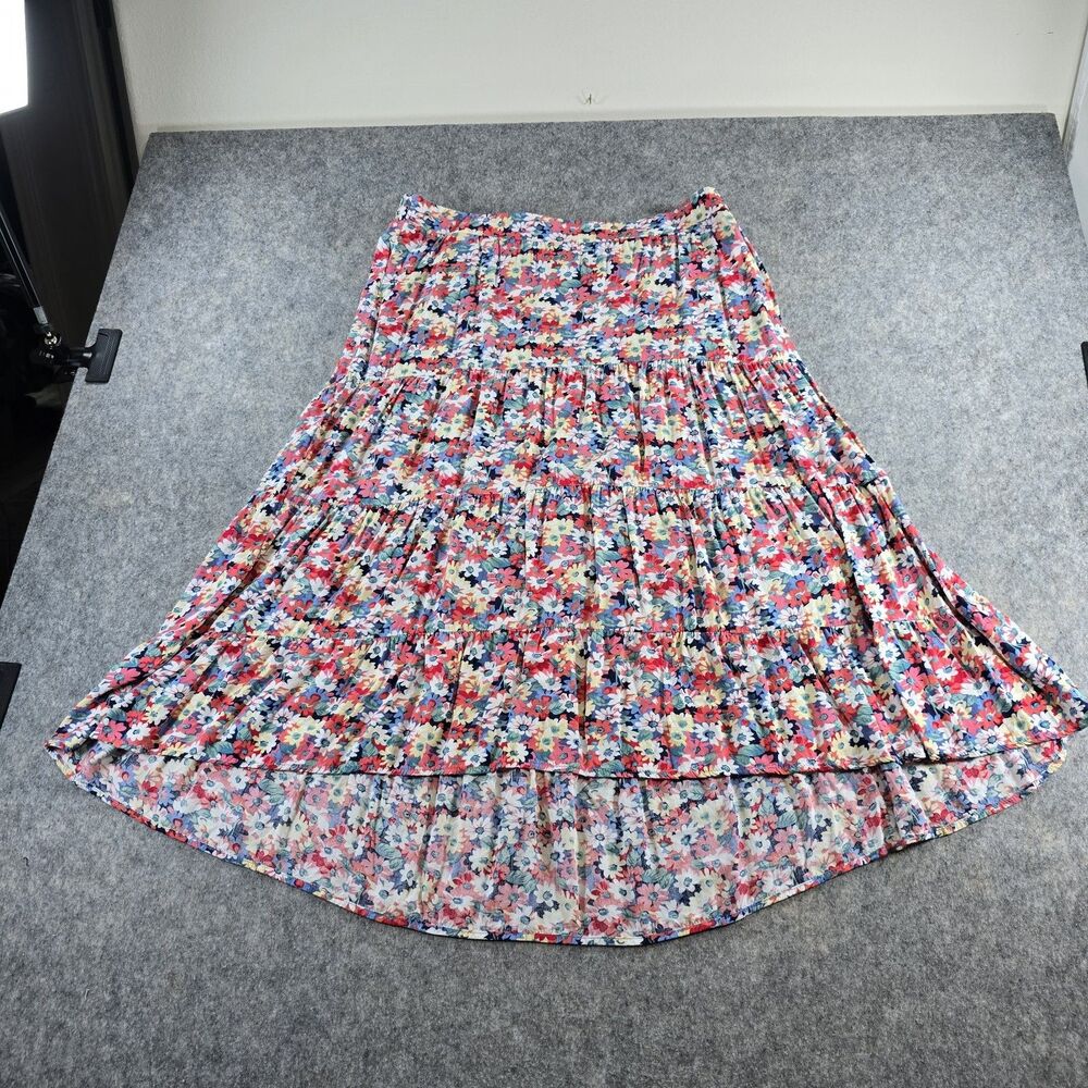 FASHION Colorful Floral Maxi Skirt Size XL Hi-Low Hemline Tiered Lined Viscose